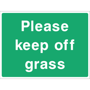 Please Keep Off the Grass sign with bold white text on green background