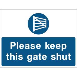 Please keep this gate shut safety sign with gate icon and bold text