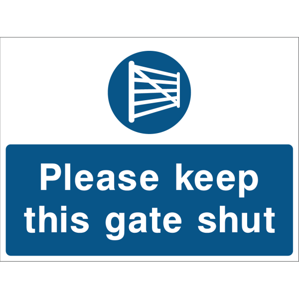 Please keep this gate shut safety sign with gate icon and bold text
