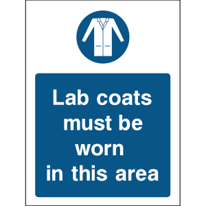 Blue warning sign with an icon of a lab coat and the message “Lab coats must be worn in this area”