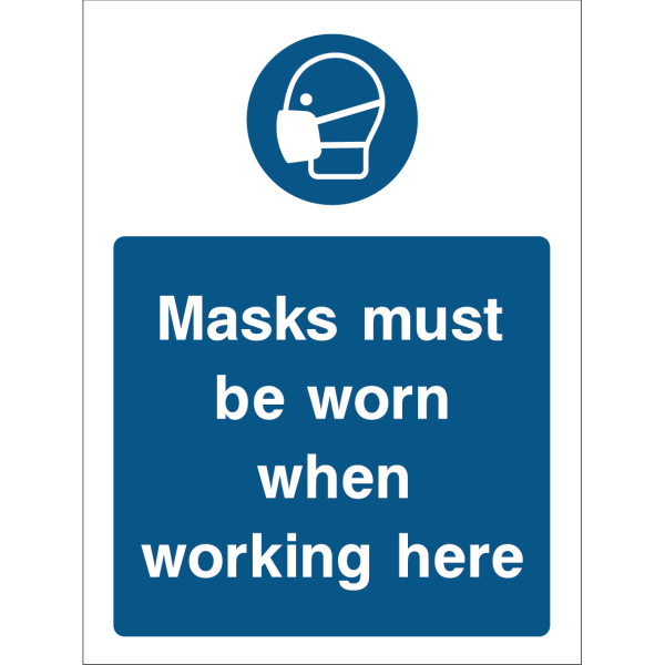 Blue warning sign with an icon of a head wearing a face mask and the text “Masks must be worn when working here”