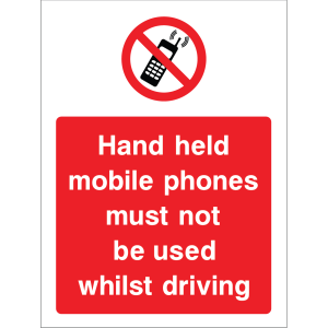 Outdoor "Hand held mobile phones must not be used whilst driving" warning sign with no phone symbol