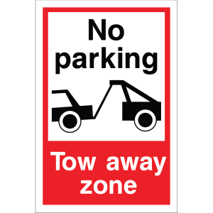 Outdoor "No parking" and "Tow away zone" sign with tow truck illustration, used to enforce parking restrictions and towing warnings