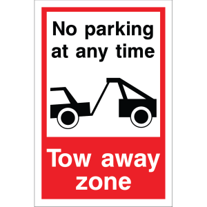 Outdoor "No parking at any time" and "Tow away zone" sign with tow truck graphic, used to enforce parking restrictions and towing warnings