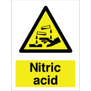 Warning sign with yellow triangle, black pictogram of a test tube spilling onto a hand, and "Nitric acid" text.