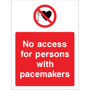 Outdoor "No access for persons with pacemakers" warning sign with no symbol over a heart, restricting access for safety