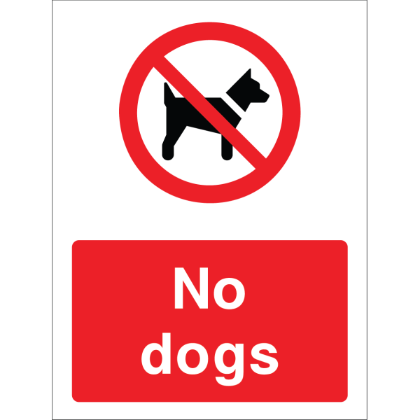 No Dogs warning sign with bold white text on red background