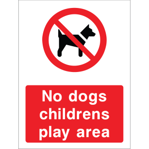 No Dogs, Children’s Play Area warning sign in bold white text on red background