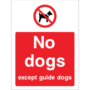 Outdoor "No dogs except guide dogs" warning sign with guide dog symbol