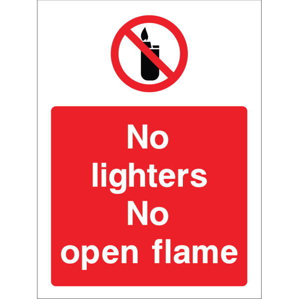Outdoor "No lighters or open flames" warning sign with no smoking symbol