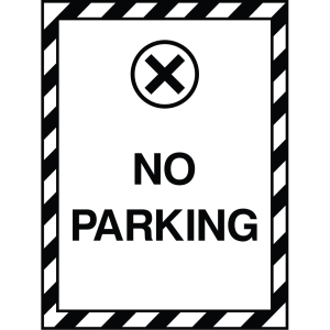 Outdoor "No Parking" sign with bold text and a circular cross icon, used to restrict parking in designated areas
