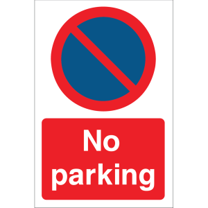Outdoor "No Parking" sign with no parking symbol and bold text, used to restrict parking