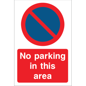 Outdoor "No parking in this area" sign with no parking symbol and clear text, used to restrict parking