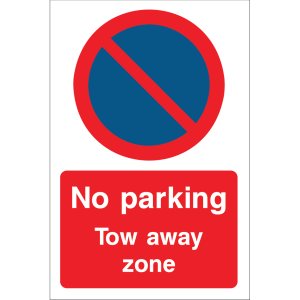 Outdoor "No parking. Tow away zone" sign with no parking symbol and warning text, used to enforce parking restrictions and towing policies