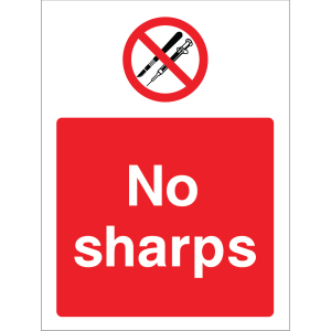 Outdoor "No sharps" warning sign with no sharps symbol