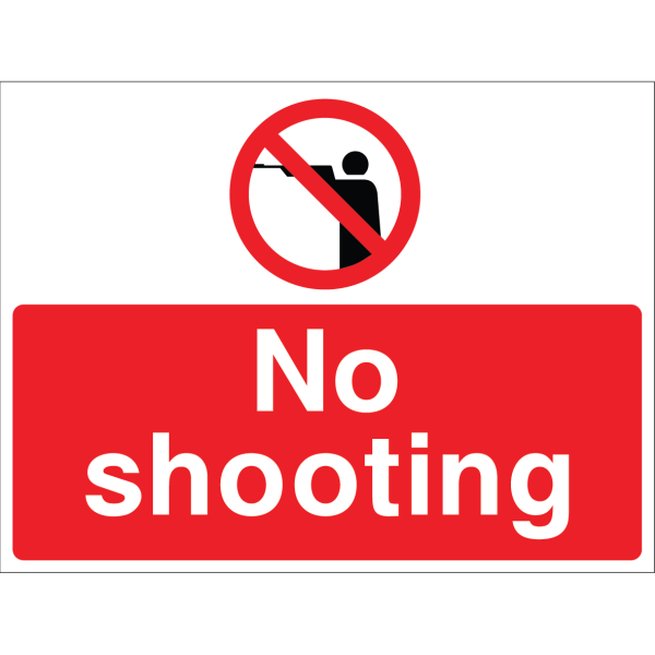 No Shooting safety sign with bold white text on red background and prohibited firearm icon