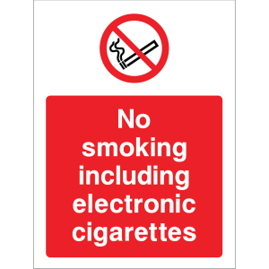 Outdoor "No smoking including electronic cigarettes" warning sign with no smoking symbol