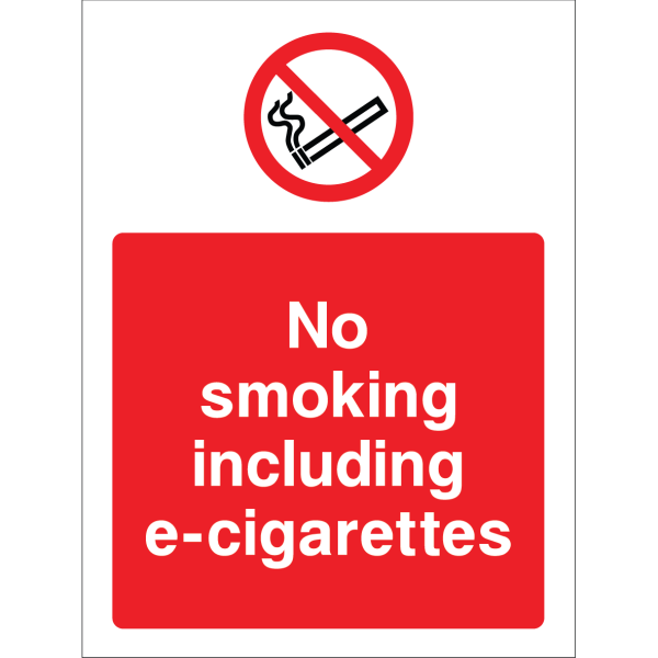 Outdoor "No smoking including e-cigarettes" warning sign with no smoking symbol