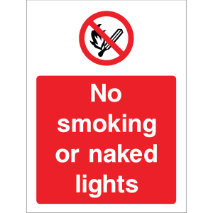 Outdoor "No smoking or naked lights" warning sign with prohibition symbol