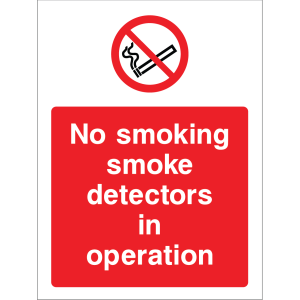Outdoor "No smoking, smoke detectors in operation" warning sign with no smoking symbol