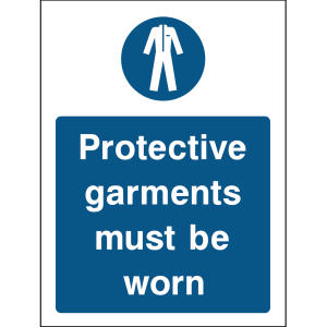 Blue warning sign with an icon of protective clothing and the message “Protective garments must be worn”
