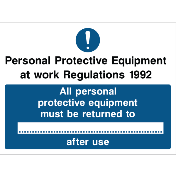 Warning sign based on the Personal Protective Equipment at Work Regulations 1992, instructing to return PPE after use