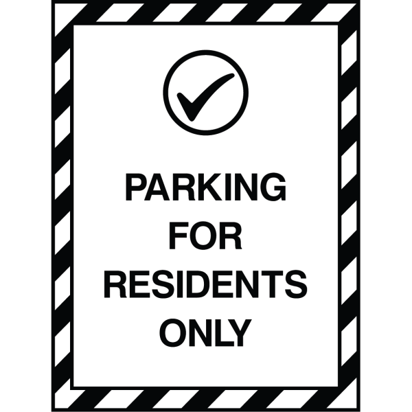 Outdoor "Parking for Residents Only" sign with black text and checkmark icon, used to designate resident-only parking zones