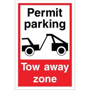 Outdoor "Permit parking" and "Tow away zone" sign with tow truck illustration, warning that unauthorised vehicles will be towed
