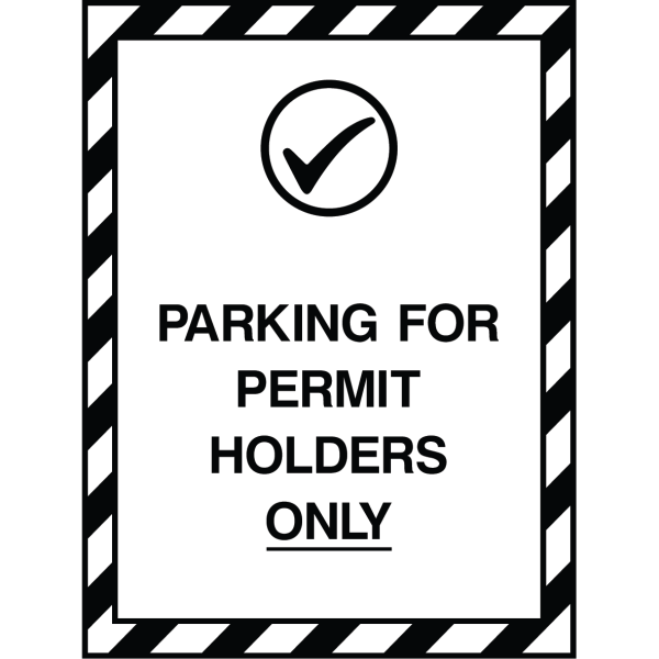 Outdoor "Parking for Permit Holders Only" sign with black text and checkmark icon, used to designate restricted parking zones