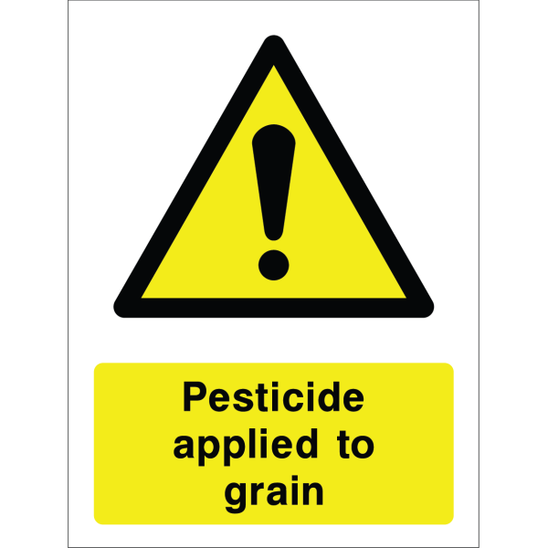 Warning sign with a yellow triangle containing an exclamation mark and the words “Pesticide applied to grain” in bold black on yellow background