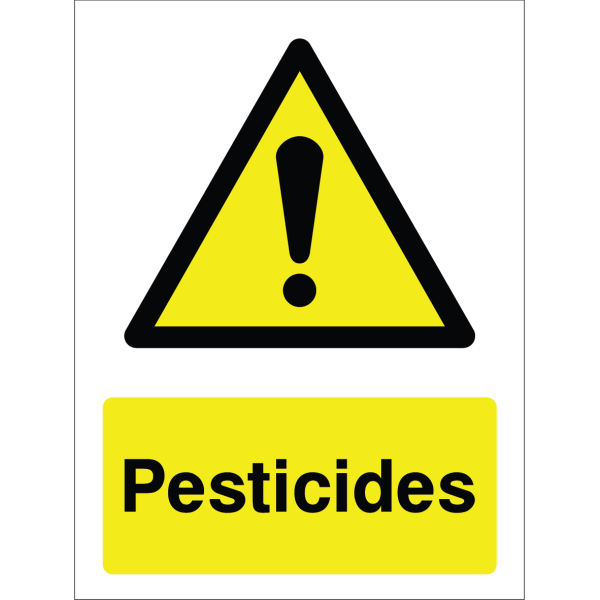Warning sign with a yellow triangle containing an exclamation mark and the word “Pesticides” in bold black on yellow background