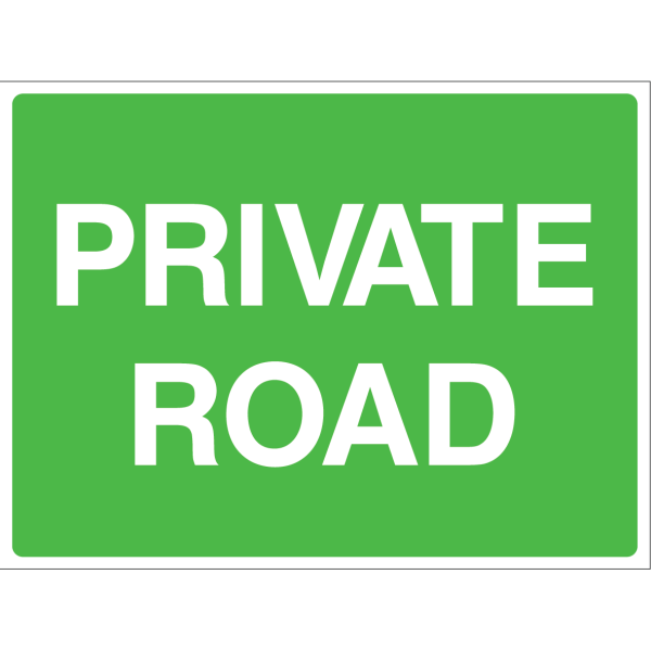 Outdoor "Private Road" warning sign with white text on green background