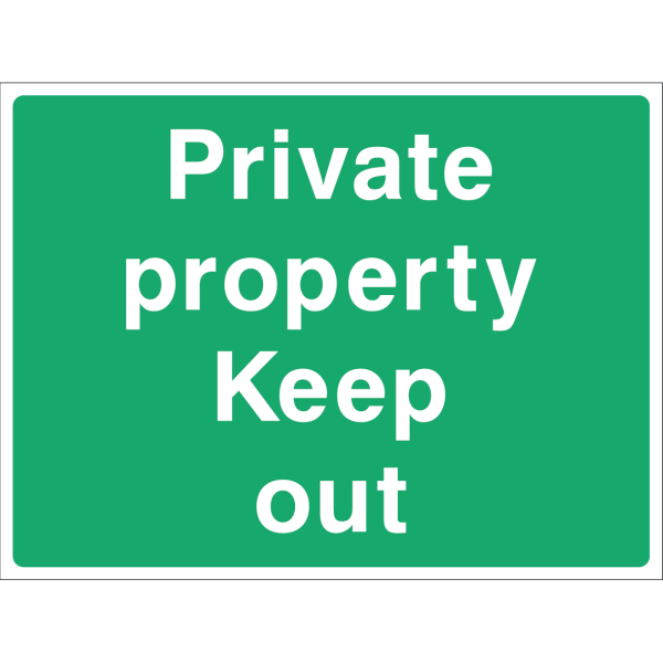 Private Property Keep Out sign with bold white text on green background