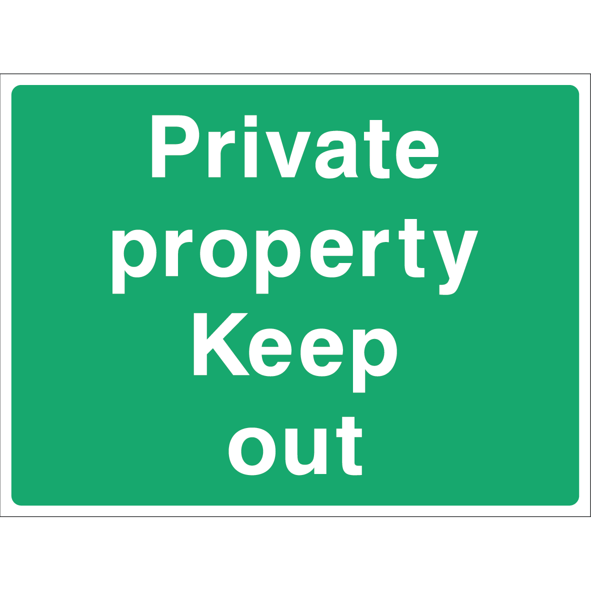 Private Property Keep Out sign with bold white text on green background