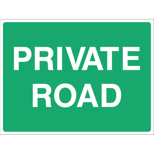 Private Road warning sign with bold white text on green background