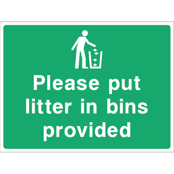 Please put litter in bins provided sign with bold white text on green background