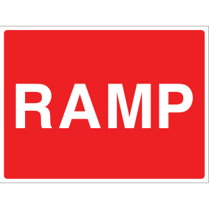 Outdoor "RAMP" warning sign with white text on red background