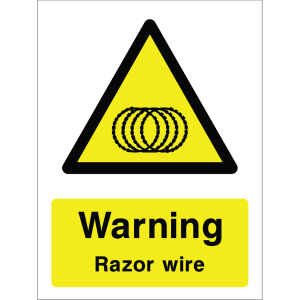 Warning sign with razor wire icon and text “Warning Razor wire” in bold black on yellow background