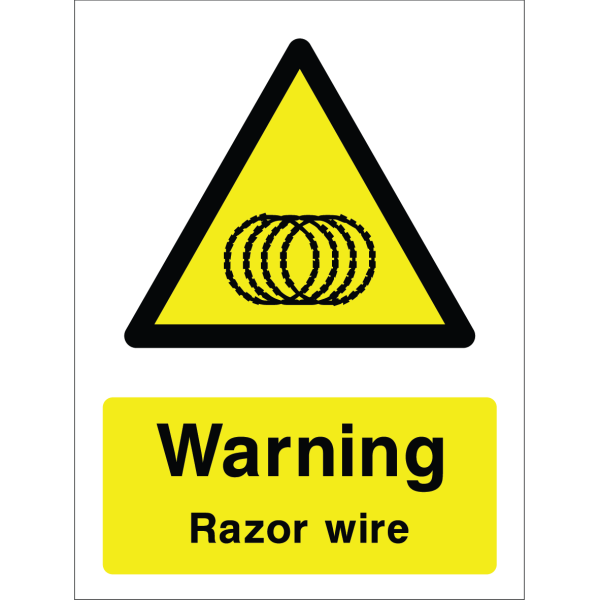Warning sign with razor wire icon and text “Warning Razor wire” in bold black on yellow background