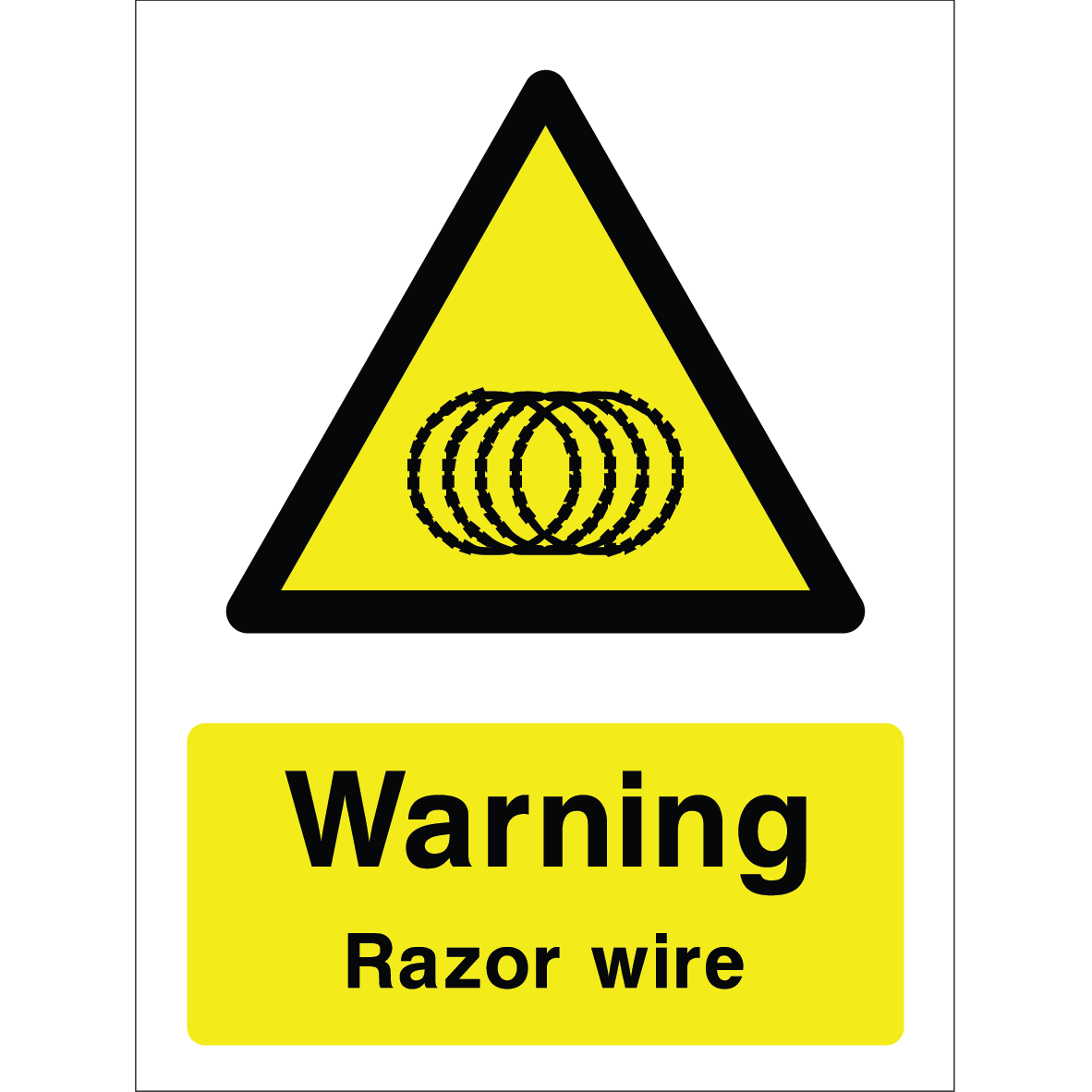 Warning sign with razor wire icon and text “Warning Razor wire” in bold black on yellow background