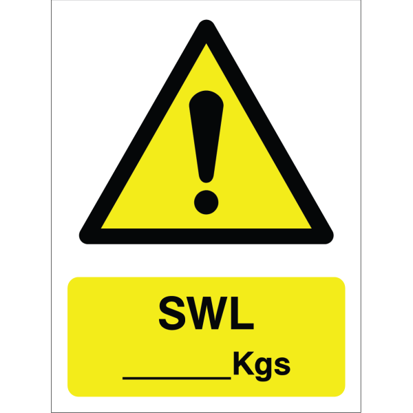 Warning sign: safe working load (SWL) in kilograms