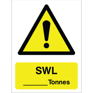 Warning sign: safe working load (SWL) in tonnes