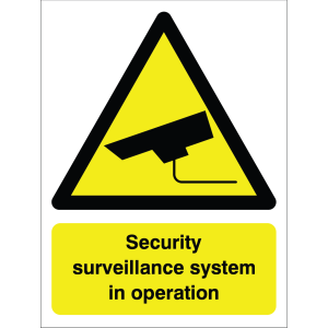 Outdoor warning sign with black text on yellow background, indicating active security surveillance