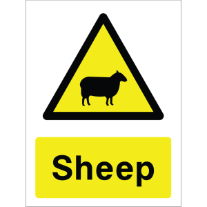 Warning sign with a yellow triangle containing a sheep silhouette and the word “Sheep” in bold black on yellow background