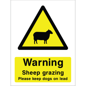 Warning sign with a yellow triangle containing a sheep silhouette and the message “Warning Sheep grazing. Please keep dogs on lead” in bold black on yellow background