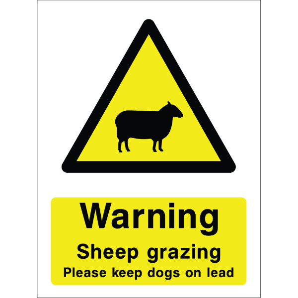 Warning sign with a yellow triangle containing a sheep silhouette and the message “Warning Sheep grazing. Please keep dogs on lead” in bold black on yellow background