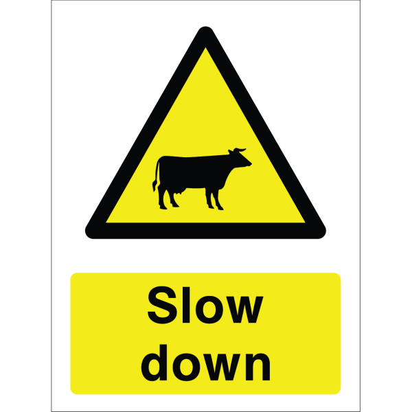 A durable outdoor warning sign featuring a yellow triangle with a black cow silhouette and the message “Cattle crossing” in bold black letters on a yellow background, printed on weather-resistant material.