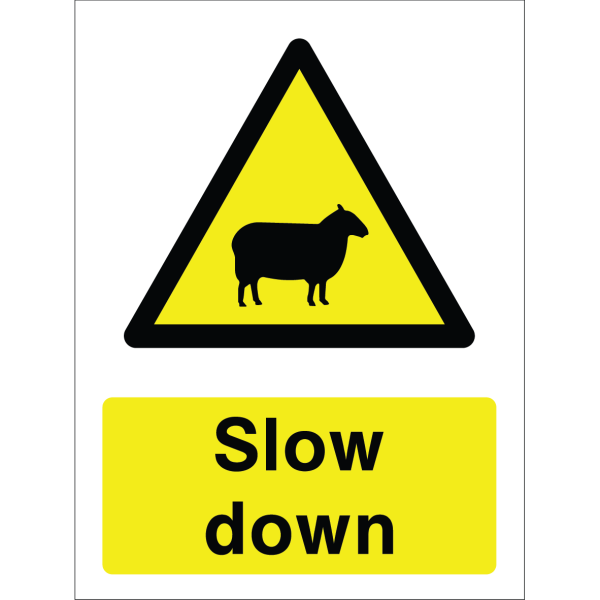 Warning sign with a yellow triangle containing a sheep silhouette and the words “Slow down” and “Beware of Sheep” in bold black on yellow background