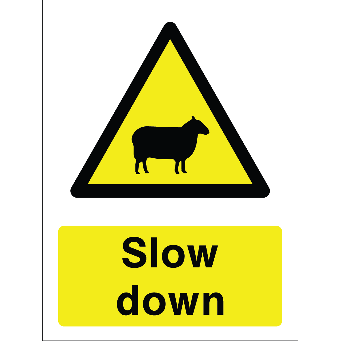 Warning sign with a yellow triangle containing a sheep silhouette and the words “Slow down” and “Beware of Sheep” in bold black on yellow background