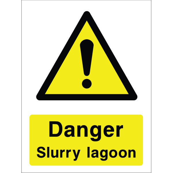 Warning sign with a yellow triangle containing an exclamation mark and the words “Danger Slurry lagoon” in bold black on yellow background